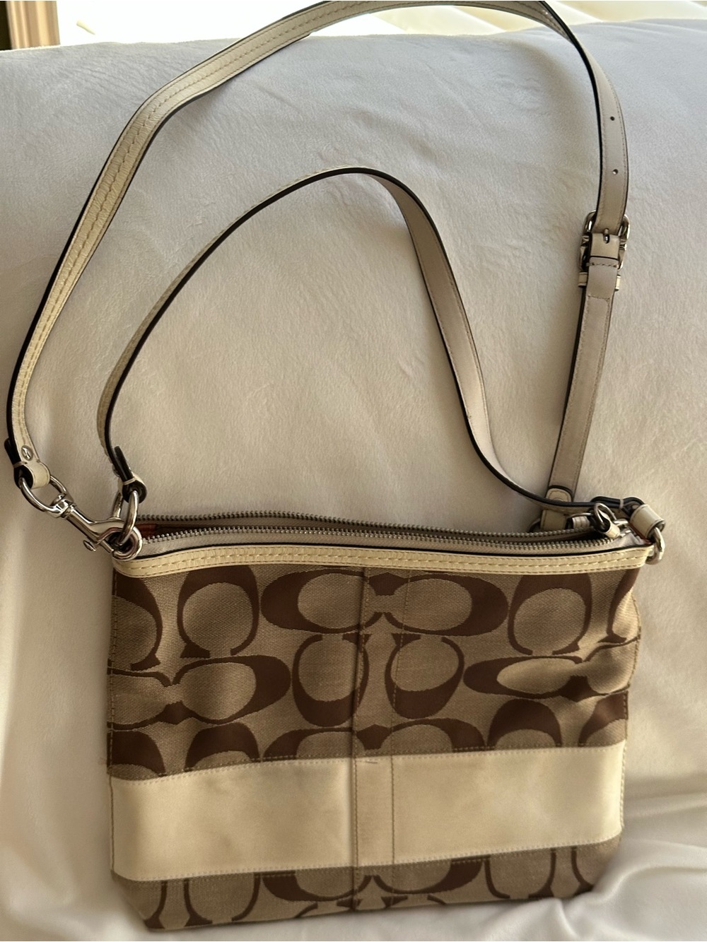 Coach Khaki Signature Canvas Crossbody with Chalk Leather Trim